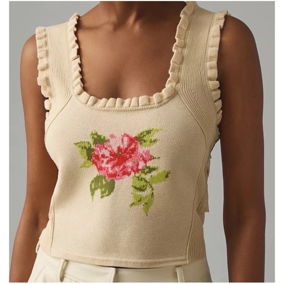 Anthropologie Tops - ANTHROPOLOGIE Medium Bow-Back Tan Rose Ruffled Sleeveless Ribbed Sweater Tank
